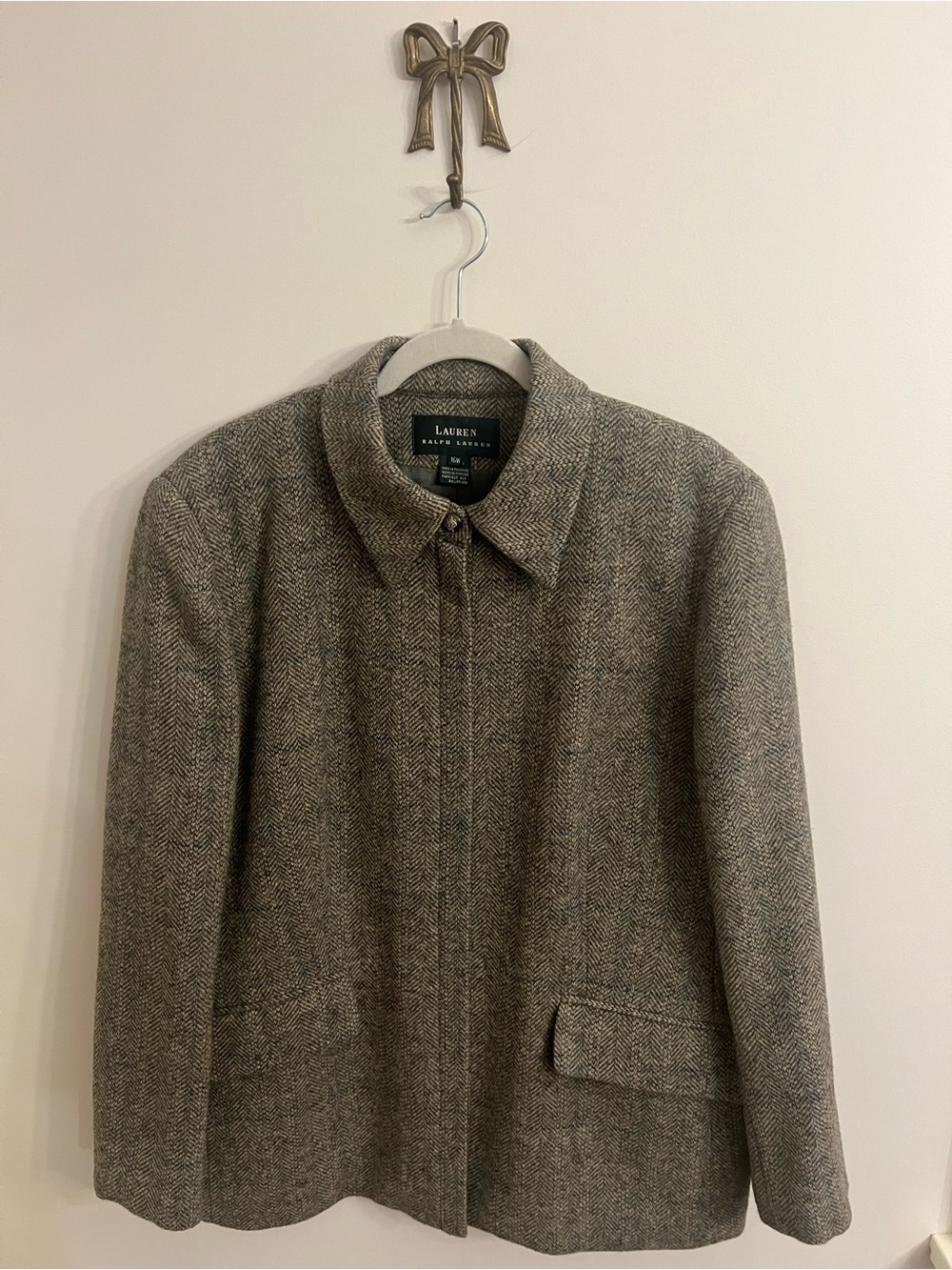 Lauren Ralph Lauren Jacket Blazer Herringbone 100% Wool Gray Equestrian Sz 16W